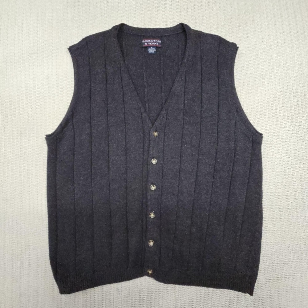 Roundtree & Yorke Sweater Vest Mens XL Gray 100% Cotton V Neck Button Front